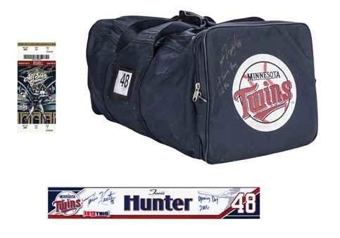 Lot of (3) Torii Hunter Signed Ticket, Locker Tag & Used Equipment Bag (JSA)